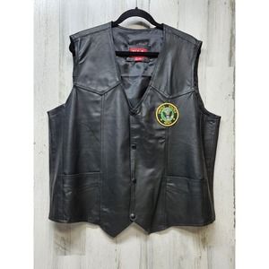 Vintage Army Leather Vest Men 2XL Snap Front Military Patch Motorcycle Biker